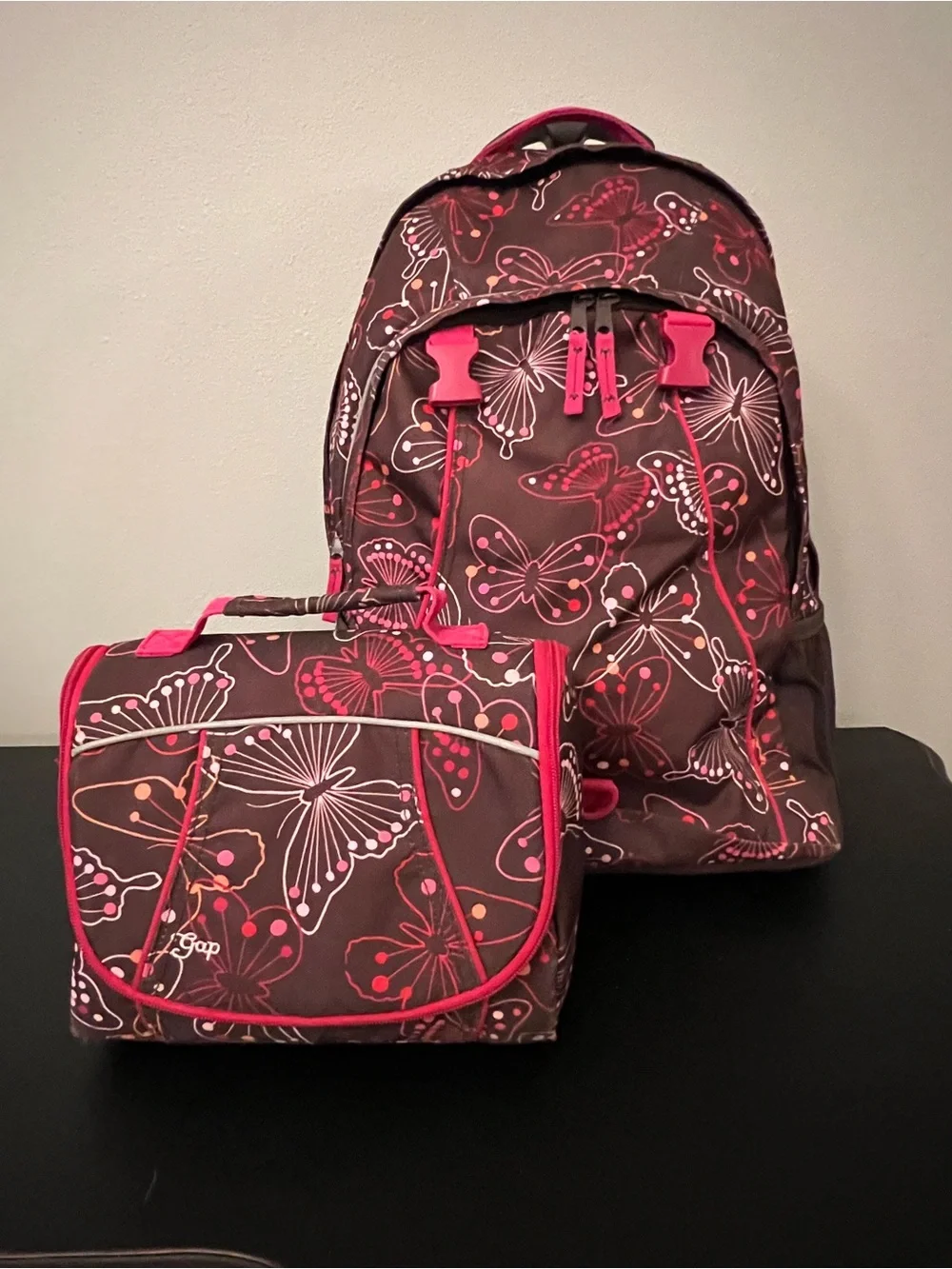 GAP Kids Brown Rolling Backpack & Lunch Bag with Pink Butterfly Print